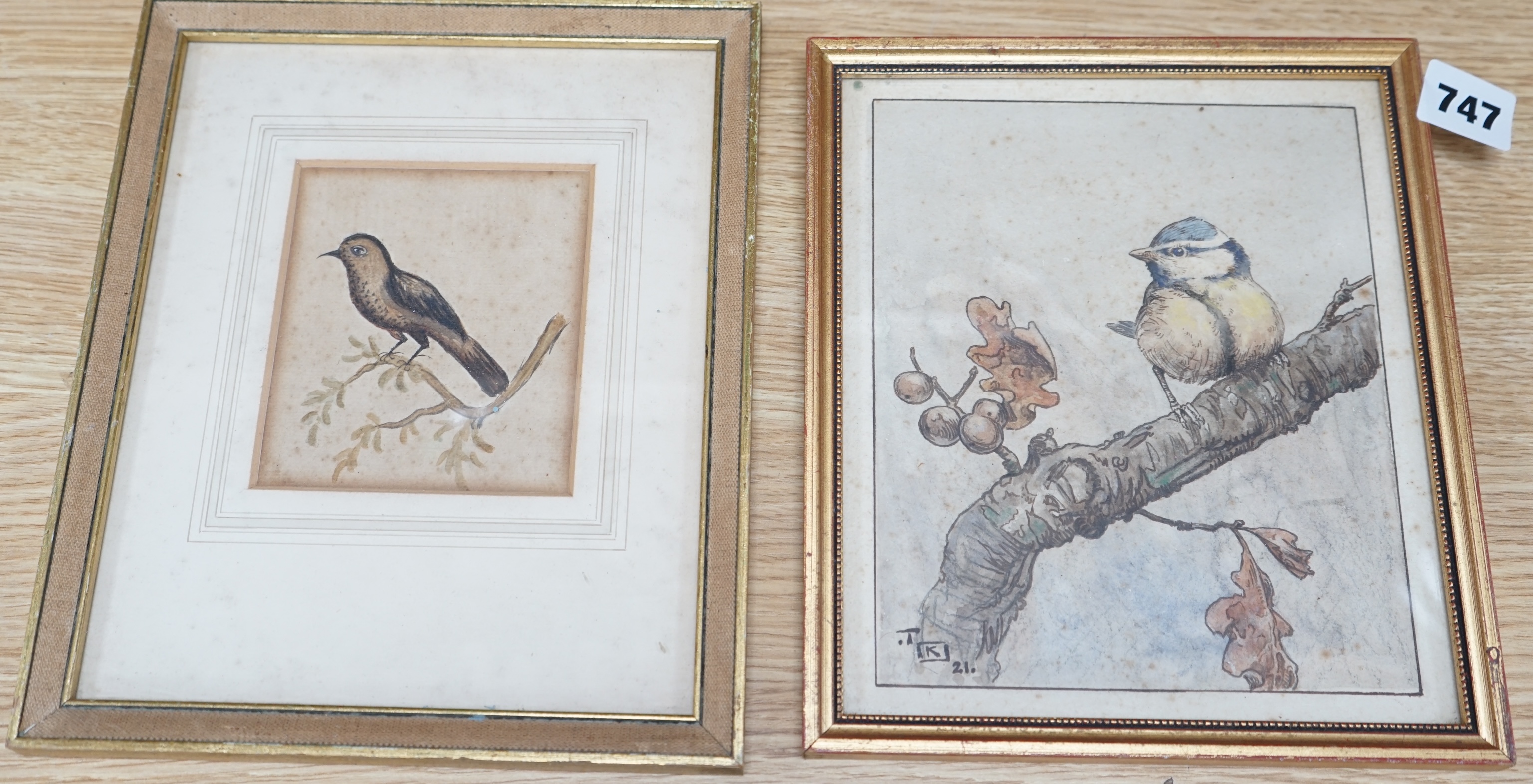 Talbot Kelly (1896-1971), watercolour, Birds on a branch, monogrammed and dated ‘21, together with a similar example, unsigned, largest 20 x 17cm. Condition - poor